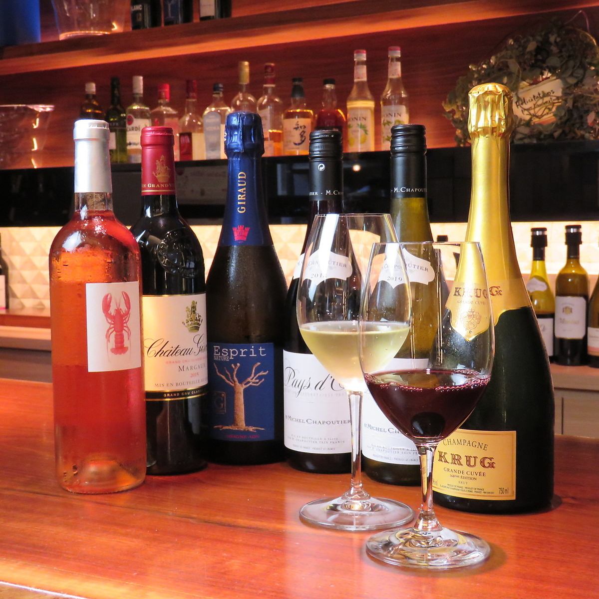 We offer carefully selected wines and champagne.