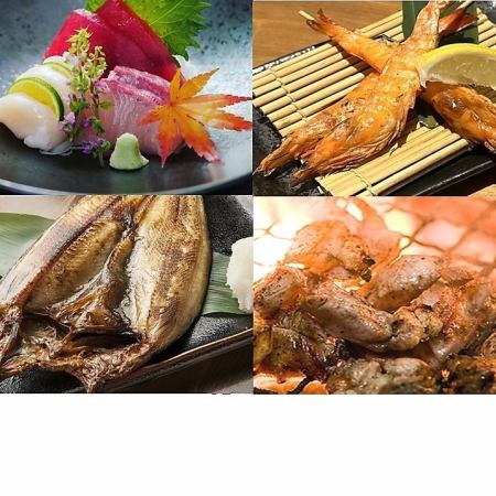 豪華海鮮「竹子套餐」5種，豐盛的青花魚和蝦，炭烤大腿肉10條，全部4,000日元☆附無限暢飲