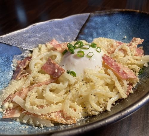 Carbonara udon with soft-boiled egg