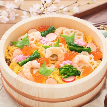 “红米海鲜散寿司套餐，含无限量关东煮和无限量饮料” 7道菜，共3500日元（含税）