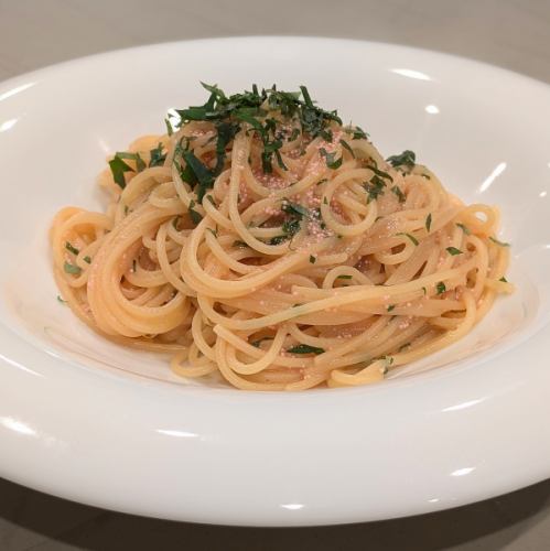 Japanese-style pasta with cod roe and perilla leaves