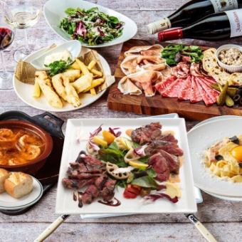 人気料理食べ比べデラックスコース『2種厳選牛グリルに海老アヒージョ&名物パスタ』30種飲み放題