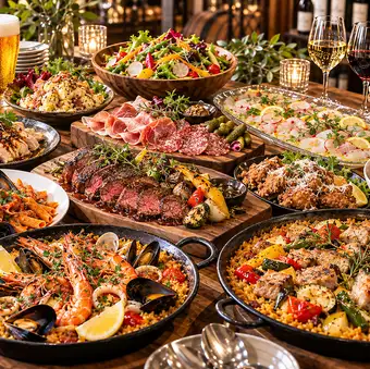 一番人気【立食ビュッフェ2時間飲み放題付★スタンダードコース6,000円】厳選牛グリルなど全12品
