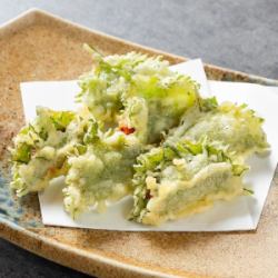 Perilla leaf and cod roe tempura