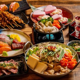 "Sakura Course" includes Hakata Motsunabe and seared Wagyu beef thigh [8 dishes total, 4,000 yen, 3 hours all-you-can-drink included]