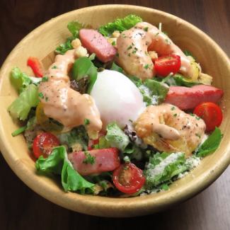 Caesar salad with shrimp mayo and warm eggs