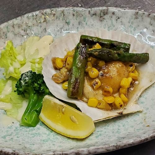 帆立とアスパラ・コーンのバター焼き