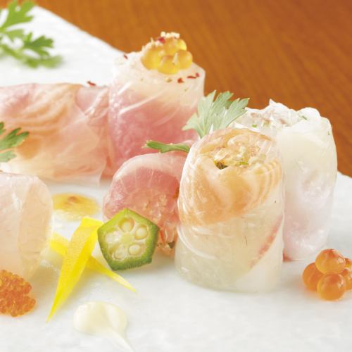 鮮魚の薄造り　生春巻き仕立て