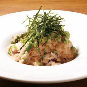 Japanese-style sauce risotto with octopus and mentaiko / Japanese-style sauce risotto with chicken and mushrooms seasoned with yuzu pepper