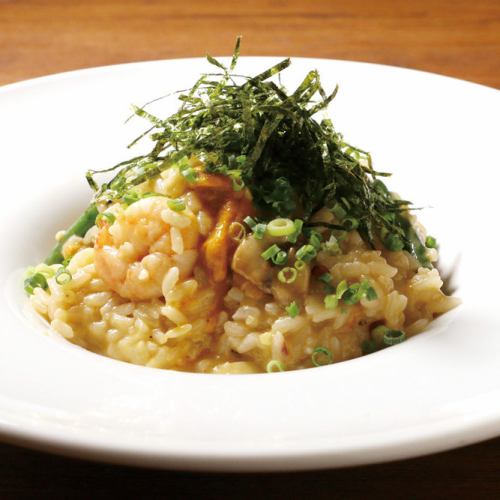 Sea urchin, shrimp and mushroom Japanese-style sauce risotto