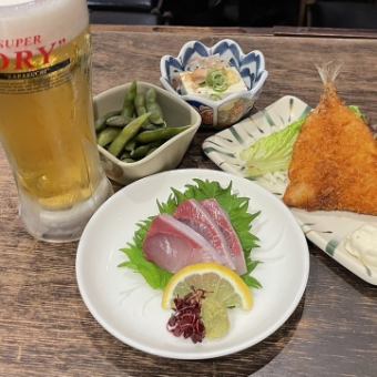 【ちょい飲みセット】お造り、アジフライ等1人飲みも◎通常1500円→クーポン利用で1200円(税込)