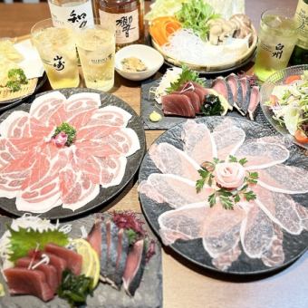 【海と山の肉尽くしコース】海のお肉マグロと鰹、国産豚肉の全9品　2.5時間飲み放題付き5500円