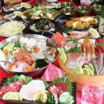海鮮7種桶盛り、特選馬刺し3種盛合せ、豪華海鮮浜鍋…付き全9品!2時間飲み放題付き4500円(税込)