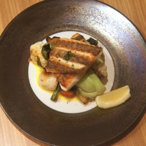 Pan-fried fish of the day and grilled vegetables