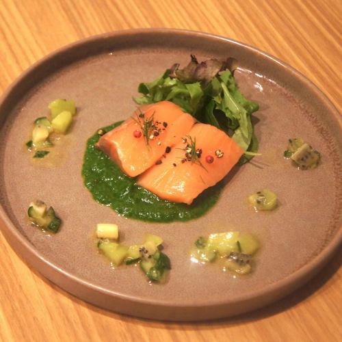 Salmon mi-cuit with watercress puree