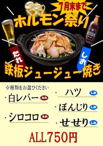 7月末まで【ホルモン祭り】鉄板ジューシ焼き(たれ/しお)/特上白レバーレア刺し