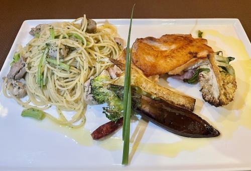 Kinsou chicken and farm grilled vegetables aglio olio
