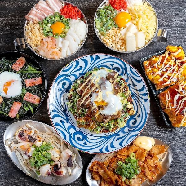 大阪名产“蓬松御好烧”和“扁面炒面”是我们引以为傲的☆午餐880日元起，可免费续杯米饭和味噌汤