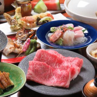 [Most popular] Eel & Wagyu beef sukiyaki & blue crab & tiger prawns ◆ Carefully selected seasonal ingredients course 8,800 yen