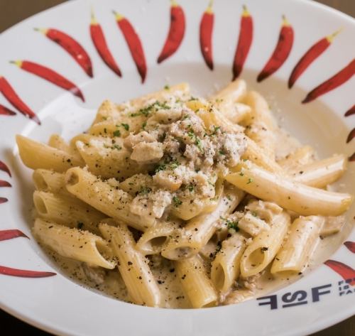 Penne with homemade sausage and porcini mushroom cream sauce