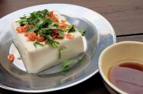 Crispy chilled tofu with sakura shrimp and coriander