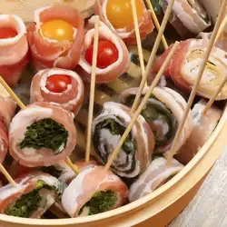 Pork belly and vegetable skewers