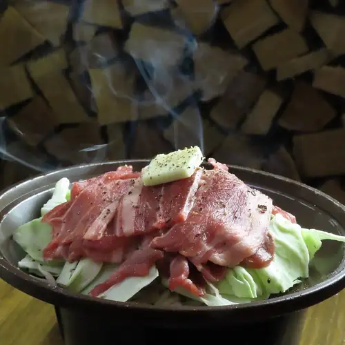 Locally sourced vegetables and fresh lamb jingisukan (grilled lamb).