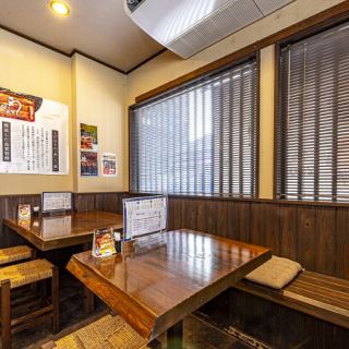 We have two tables that can seat four people, one table that can seat two people, and a long table with seven seats that can be used by a variety of groups.