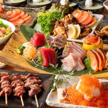 NEW【名物を堪能◎】鶏もも炭火焼と馬刺し付3時間飲放題!全8品 <6,000円⇒5,000円>弁財天コース