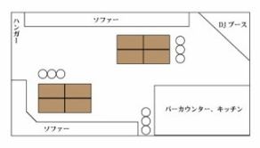 [semi-tachigui.2的布局] 由于桌子被分成两个地方放在沙发上，所以还有一个可以坐下来吃喝的空间。它比完全就座的布局更容易移动，因此更容易与大量人互动。