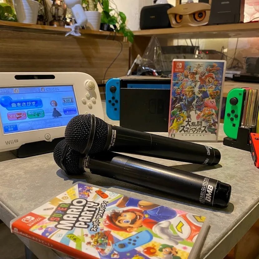 A photo showing two wireless microphones, a Nintendo Switch, and game software laid out on a table.