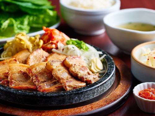 Samgyeopsal set meal on a stone plate