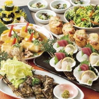【鲜绿】金枪鱼生鱼片3种+斗鸡丸+鳗鱼丸寿司等7种+2小时无限畅饮4,500日元→4,000日元