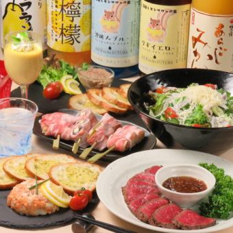 非常满足的套餐！【2.5小时无限畅饮】共计11道菜品6,000日元！盐锅烤猪肩肉+肉荞麦面套餐♪