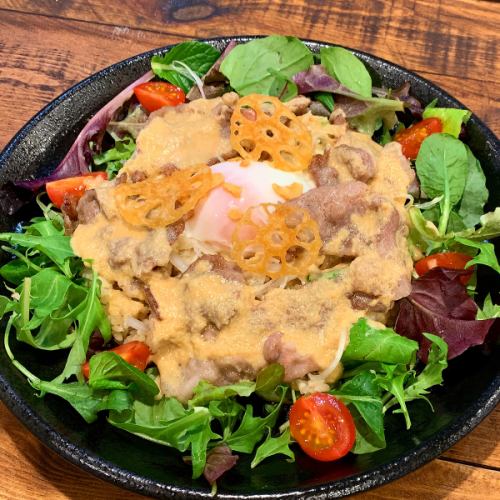 Iberico pork rice bowl (includes salad, soup, dessert, and soft drink)