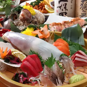 【別格!さかまるコース】10種日本酒付き飲み放題♪旬のイカ一匹姿造り刺身、魚肉炙焼き等全8品