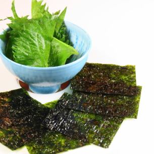 Accompaniments to Yukhoe: Perilla leaves and Korean seaweed