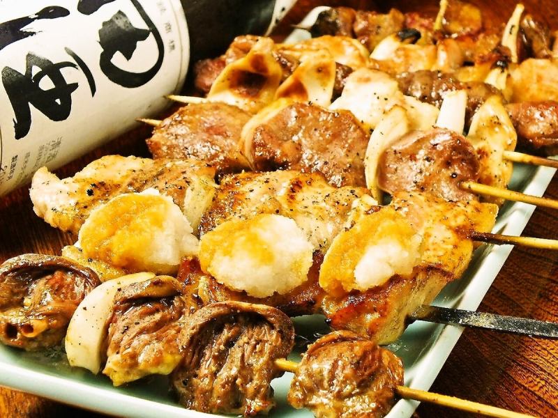 Variety of popular yakitori (chicken, pork, pigeon, tongue, pork cheeks, chicken mentai, meatballs, chicken wings, grilled offal)