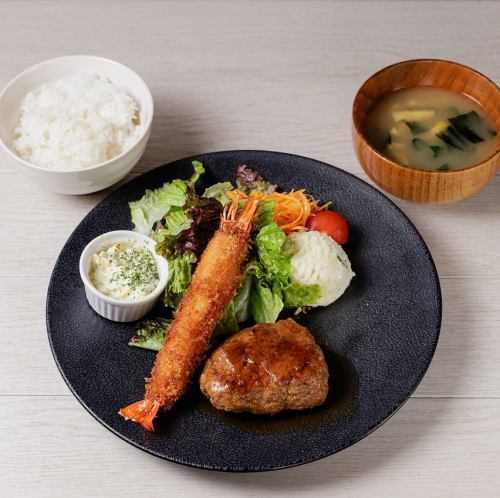 【自家製】ハンバーグ＆エビフライ定食