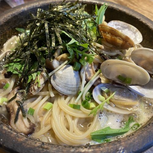 Mentaiko Udon / Japanese Style Spaghetti with Clams and Mushrooms