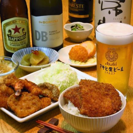 Katsu and drink set: 2,000 yen (tax included) A set of our specialty fried foods such as Wasekatsu and shrimp cutlet and alcohol.