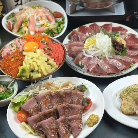 【2時間飲放題付】豪華刺身とローストビーフと名物痛風丼がついた夏限定コース【税込5000円】