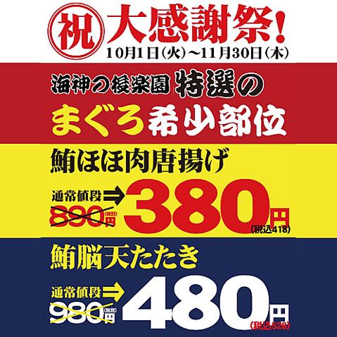 【期間限定】大感謝祭特価！海神の後楽園特選まぐろ希少部位をお得に☆