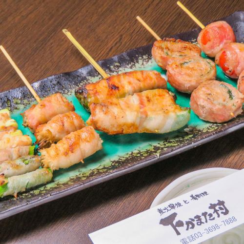 Skewers, yakitori, and fresh sashimi made using binchotan charcoal