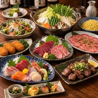 個室宴会人気No.1★3H飲放題ビール付！刺身＆馬刺し×牛タン鍋の贅沢コース【朧-Oboro-】 4500円