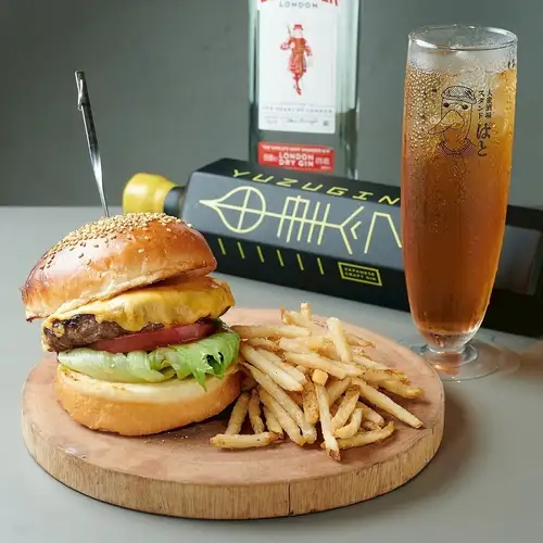 Hamburger, fries, and soft drink set