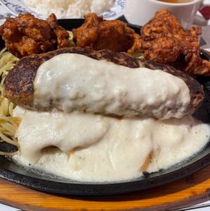 手ごねハンバーグ150g ホワイトソース＆特製からあげ2個