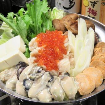 備受媒體關注的特製海鮮痛風火鍋和馬肉生魚片等全部5道菜+120分鐘無限暢飲⇒6,000日元！
