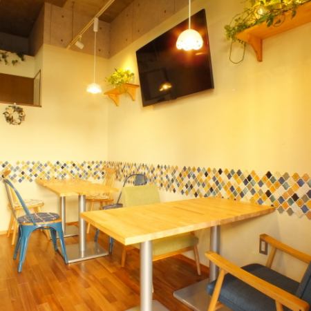 We have table seating for 4 people and 2 people! You can have soft cream etc inside the store.