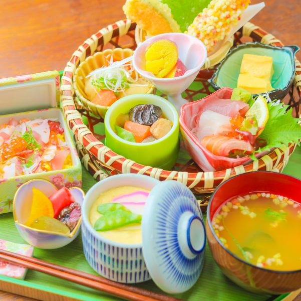 【健康志向の華やか膳】ヘルシー花籠御膳◆天ぷらにお刺身まで揃った定番和食メニュー